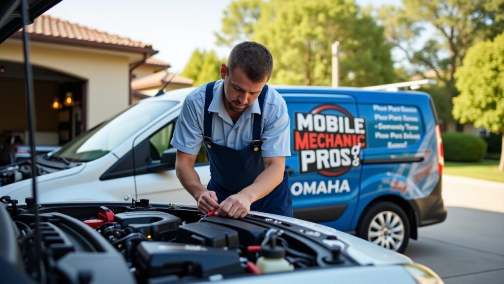 A professional mobile mechanic working on a car in a residential driveway in Omaha, NE.