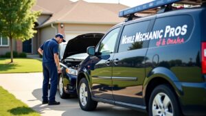 A professional mobile mechanic working on a car in a residential driveway in Omaha, NE. The mechanic is wearing a uniform, using tools, with a van labeled "Mobile Mechanic Pros of Omaha" parked nearby. Bright, sunny day, suburban neighborhood setting.