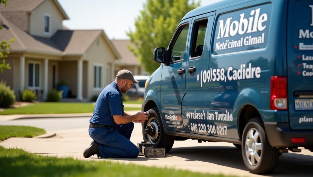 Midwestern suburban homes and tree-lined streets appear in the background under a sunny, clear sky. A branded mobile mechanic van is parked nearby, representing convenience and professional service on-site.
