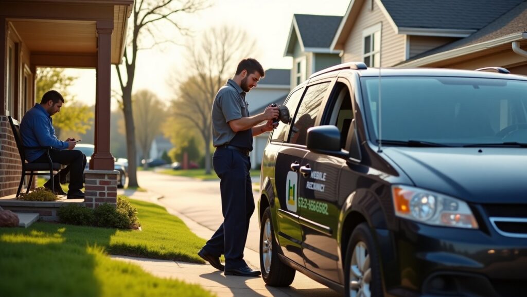 A mobile mechanic servicing a car in a residential neighborhood in Omaha, Nebraska. The mechanic, wearing a professional uniform, is changing brake pads or performing diagnostics while the customer watches from their porch.