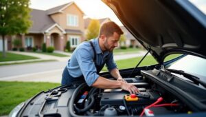 Mechanic performing diagnostic service on a vehicle parked outside a home in Omaha, Nebraska