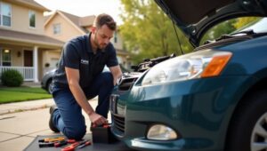 Mobile mechanic replacing a car battery in an Omaha residential driveway